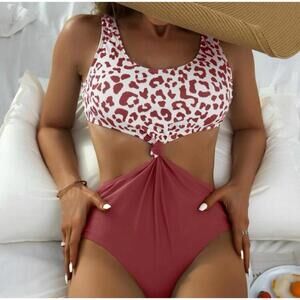 SHEIN Leopard Print Twist Cutout‎ One Piece Swimsuit Red XL